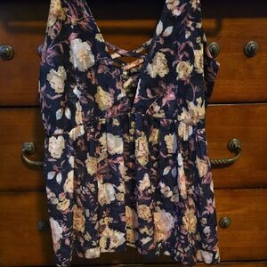 Floral Lace-Up Blouse - Black and Cream